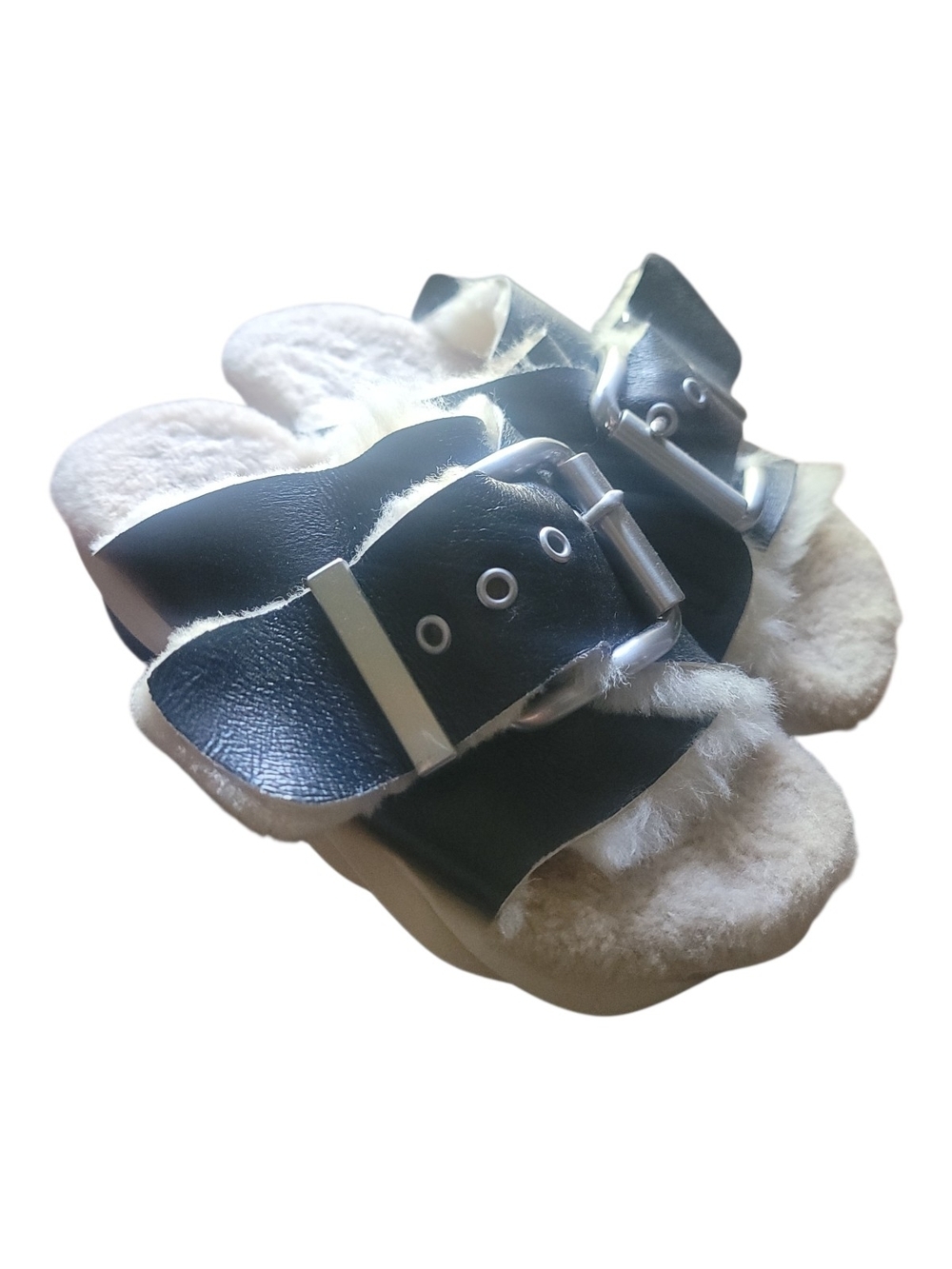 Mellow Laze, Women’s Black Faux-Shearling Buckle Sandals